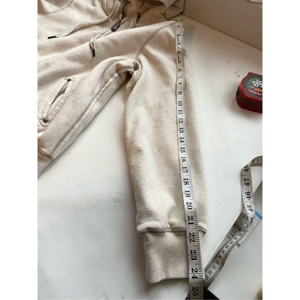 Green Tea Sweatshirt Zip-up Cream Jacket Lined Faux Fur Hooded Women’s Medium Co - Picture 5 of 10